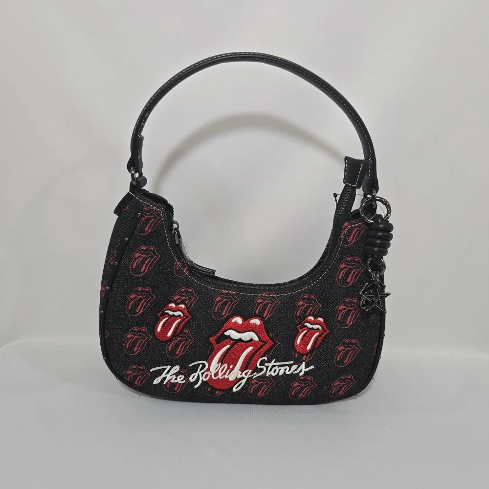 The Rolling Stones All-Over Tongue Logo Black Denim Small Hobo Bag
